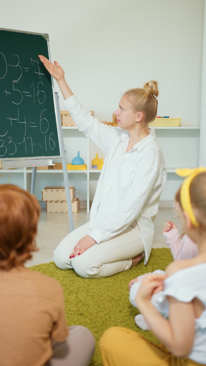 Crafting Captivating Headlines: Your awesome post title goes here Teacher instructing children with math problems on chalkboard in classroom.
